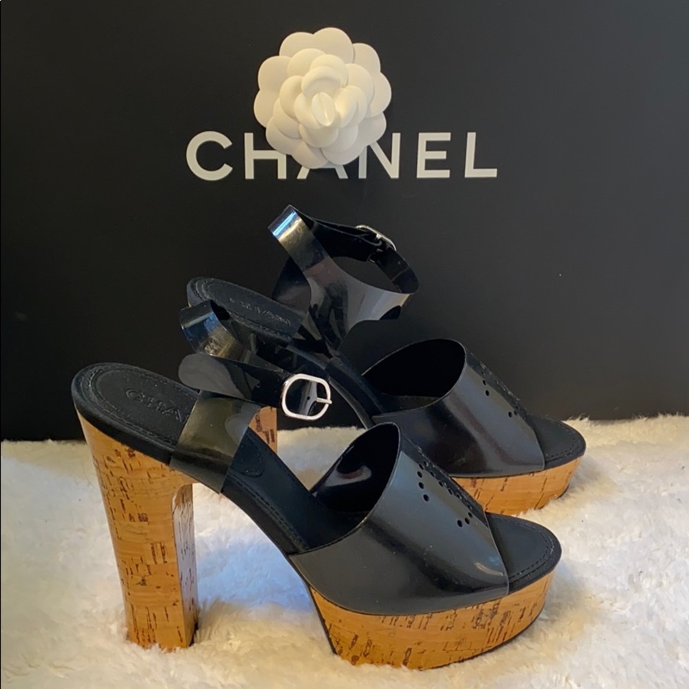 New Chanel logo corkscrew sandals pump high heels black strap CC logo stilettos